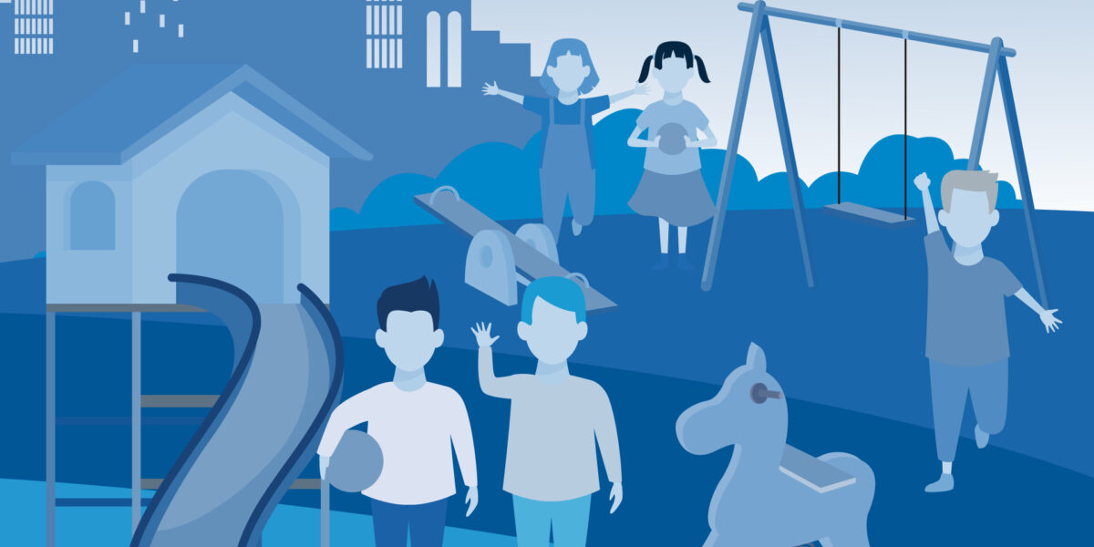 Barn som leker på en stor lekeplass med mange ulike lekeapparater. Blåtoner. Illustrasjon. Barn som leker på en stor lekeplass med mange ulike lekeapparater. Blåtoner. Illustrasjon.