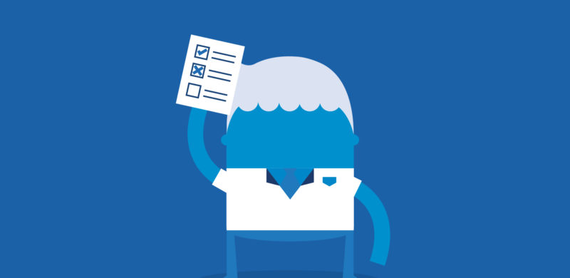 Person som holder opp en avkrysset stemmeseddel. Blåtoner. illustrasjon.