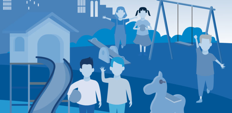 Barn som leker på en stor lekeplass med mange ulike lekeapparater. Blåtoner. Illustrasjon.