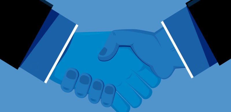 To hender i et håndtrykk.Blåtoner. Illustrasjon