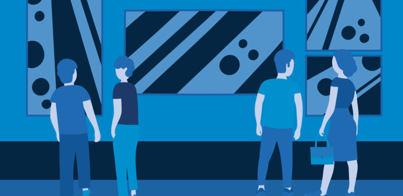 Mennesker som ser på kunstutstilling på museum. Blåtoner. Illustrasjon