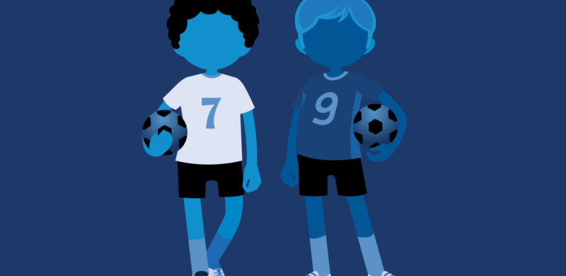 To fotballspillere med fotball under hver sin arm. Blåtoner. Illustrasjon.