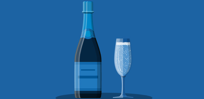 Champagneflaske og et fullt champagneglass. Blåtoner. Illustrasjon.