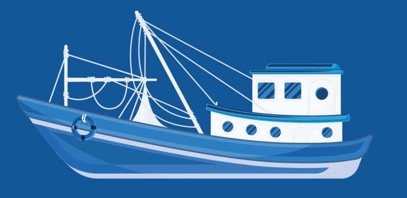 Fiskeskøyte i blåtoner. illustrasjon