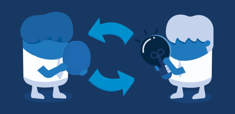 To personer som handler med hverandre. Blåtoner. Illustrasjon