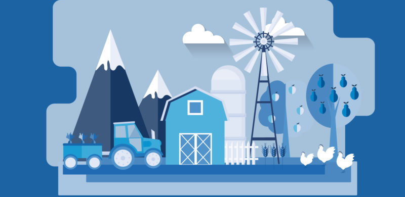 Et gårdsbruk med mølle, låve og traktor. Blåtoner. illustrasjon Et gårdsbruk med mølle, låve og traktor. Blåtoner. illustrasjon