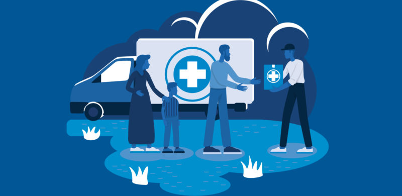 Hjelpearbeider som kommer med en pakke til en familie. Blåtoner. Illustrasjon