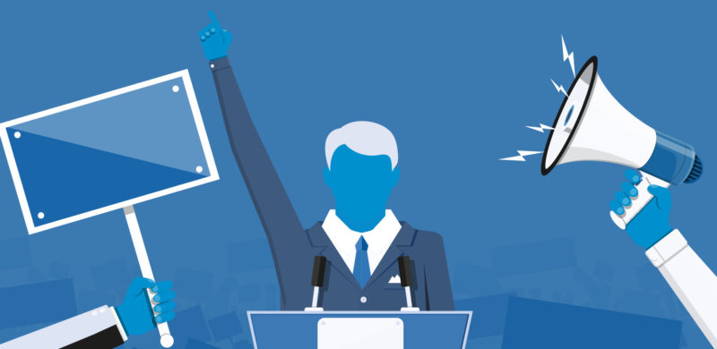 Person på talerstol, demonstranter rundt. Blåtoner. Illustrasjon