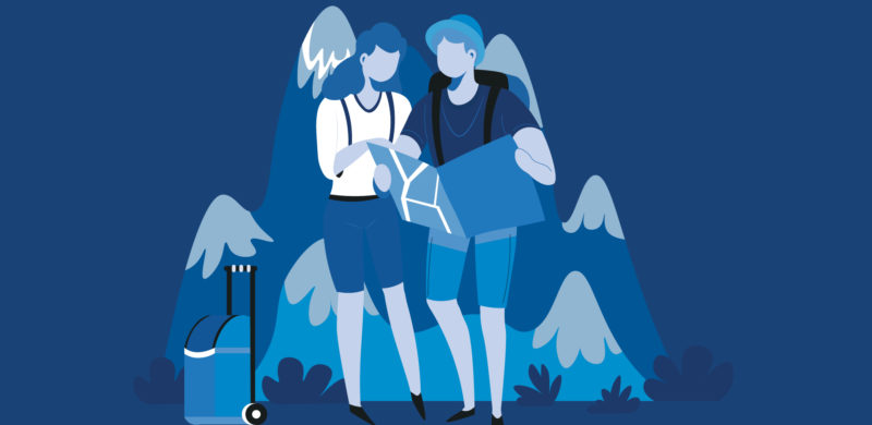 Et par med koffert og sekker og kart som er på tur i fjellet. Blåtoner. illustrasjon